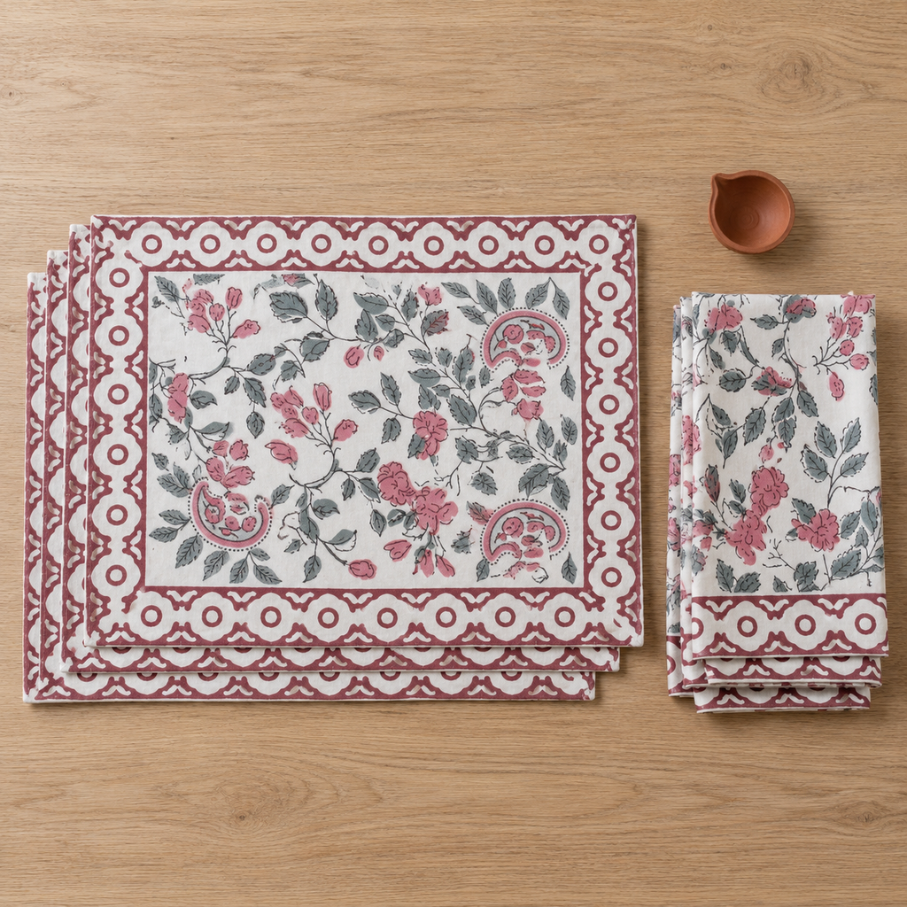 Pink and Maroon Floral Placemat and Napkin Set of 12, placemats and napkins stacked, seen from above