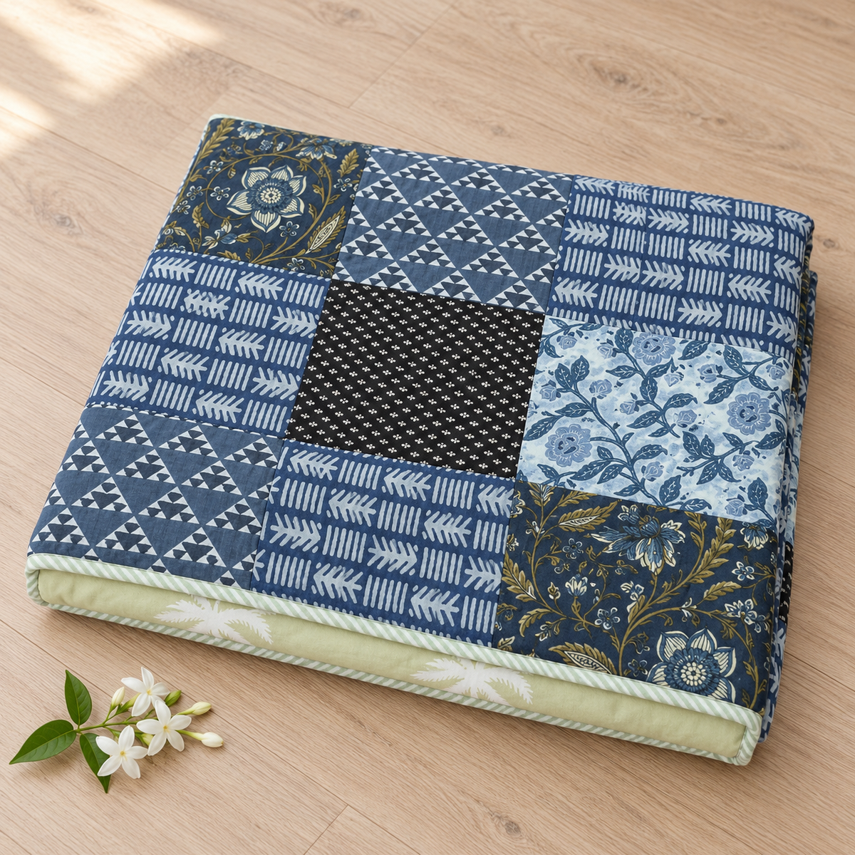 Blue Patchwork Dohar, folded, seen from above