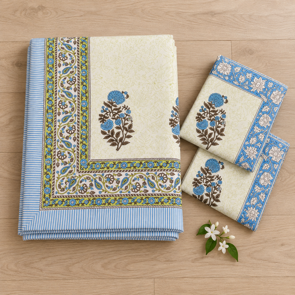 Blue Floral Buta Bedsheet Set, folded with its pillow covers