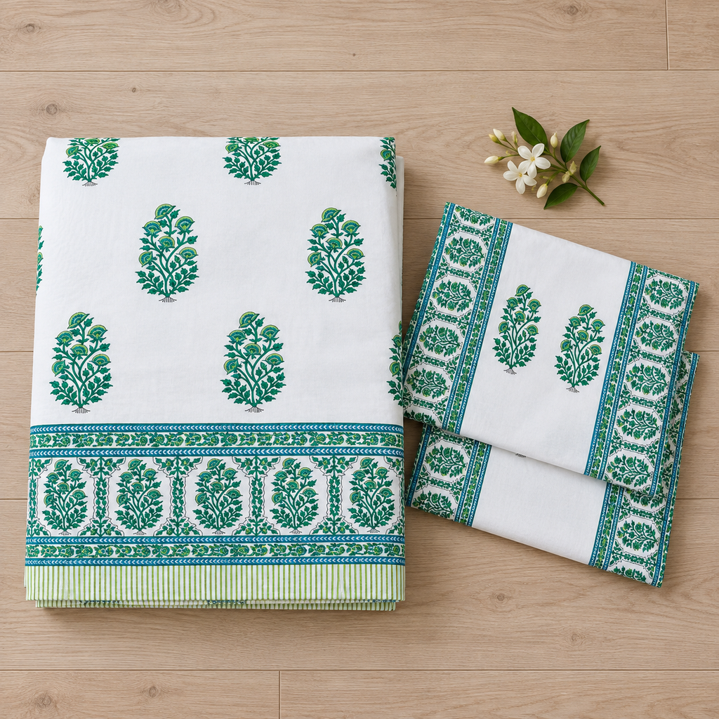 Emerald Green Floral Bedsheet Set, folded with its pillow covers