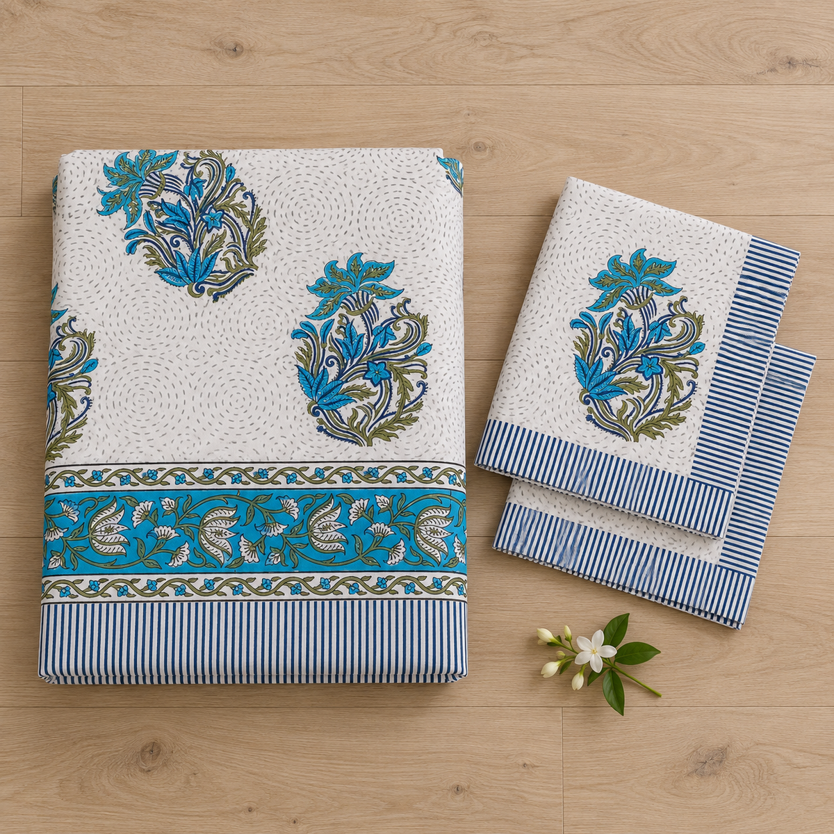 Teal Blue Floral Bedsheet Set, folded with its pillow covers