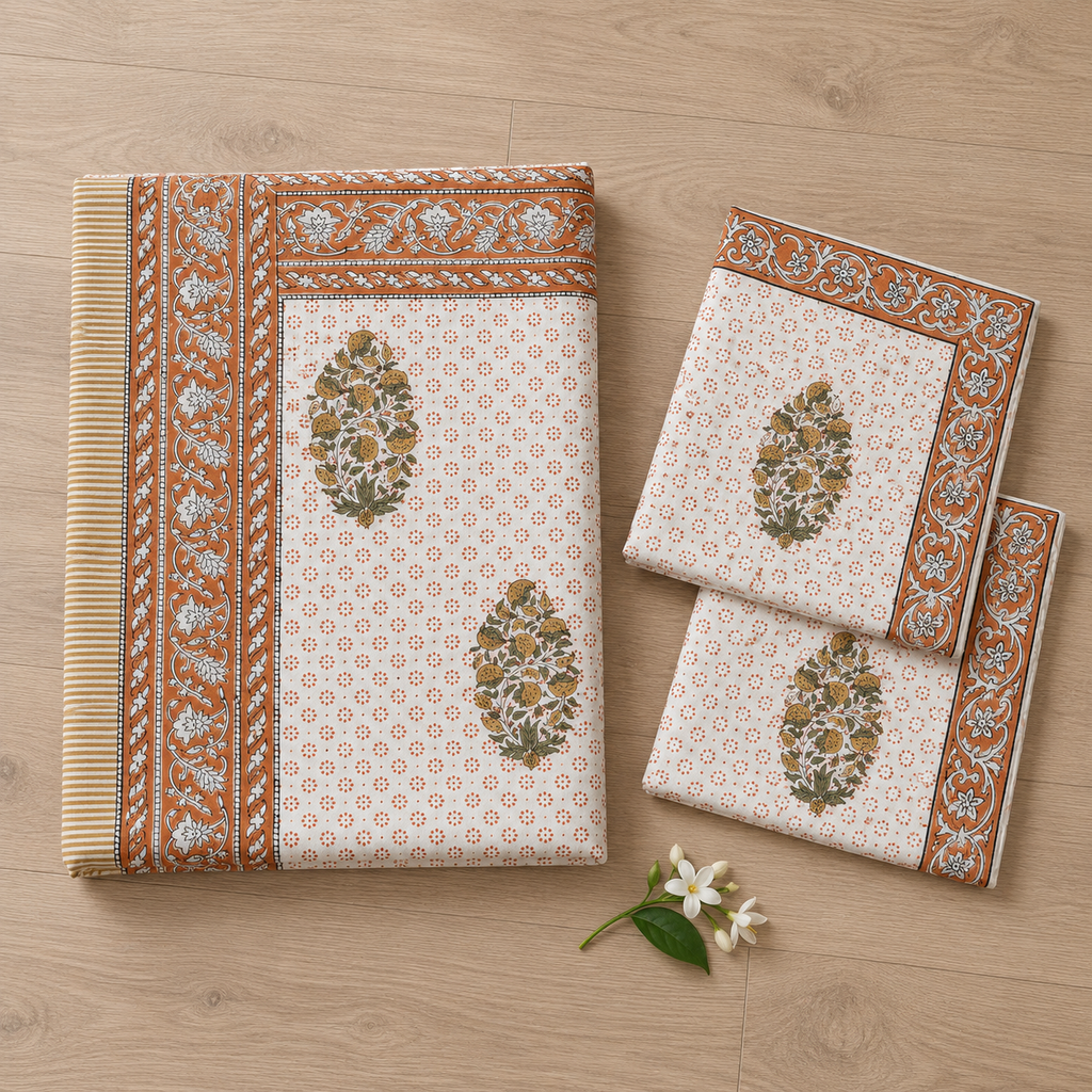Rust Floral Buta Bedsheet Set, folded with its pillow covers