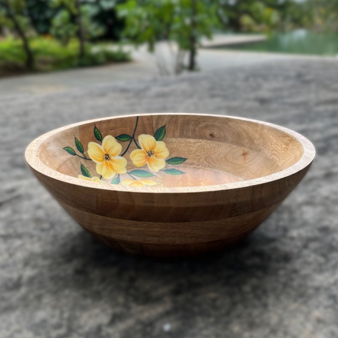 Hand Painted Wooden Bowl Handcrafted from Mango Wood - Eco Friendly Tableware - Height- 3.5 inches, Diameter- 11 inches / Mango Wood / Natural