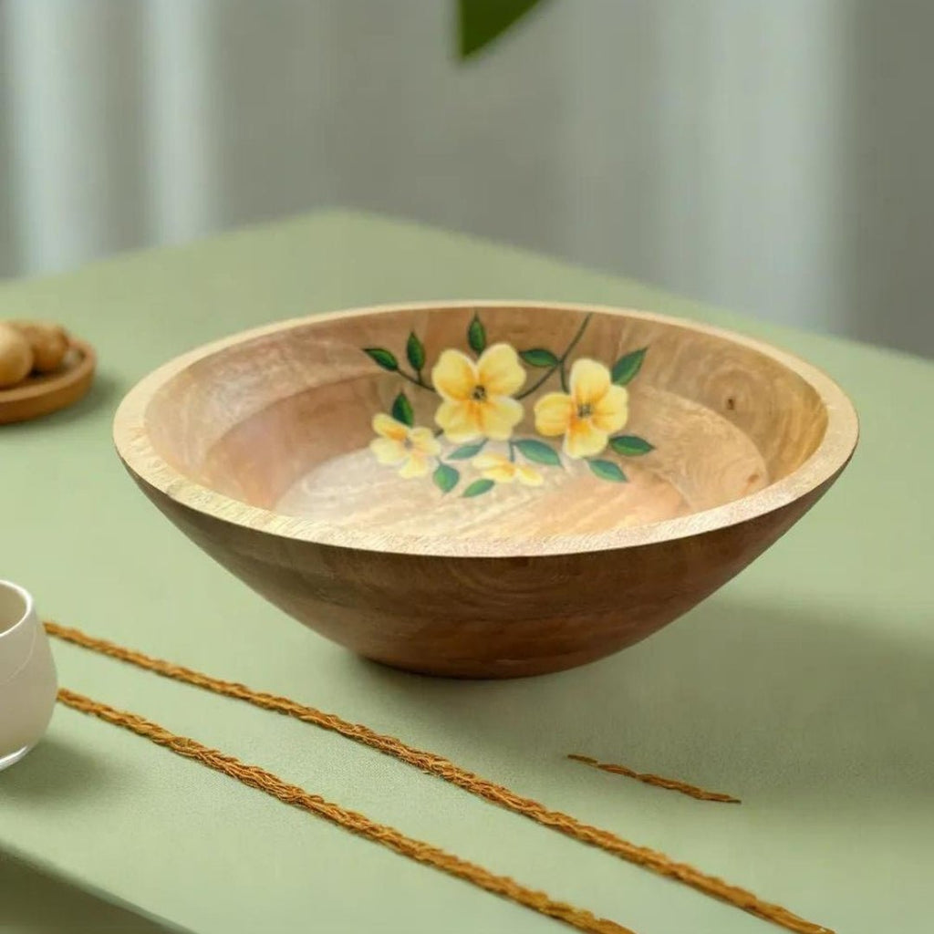 Hand Painted Wooden Bowl Handcrafted from Mango Wood - Eco Friendly Tableware - Height- 3.5 inches, Diameter- 11 inches / Mango Wood / Natural