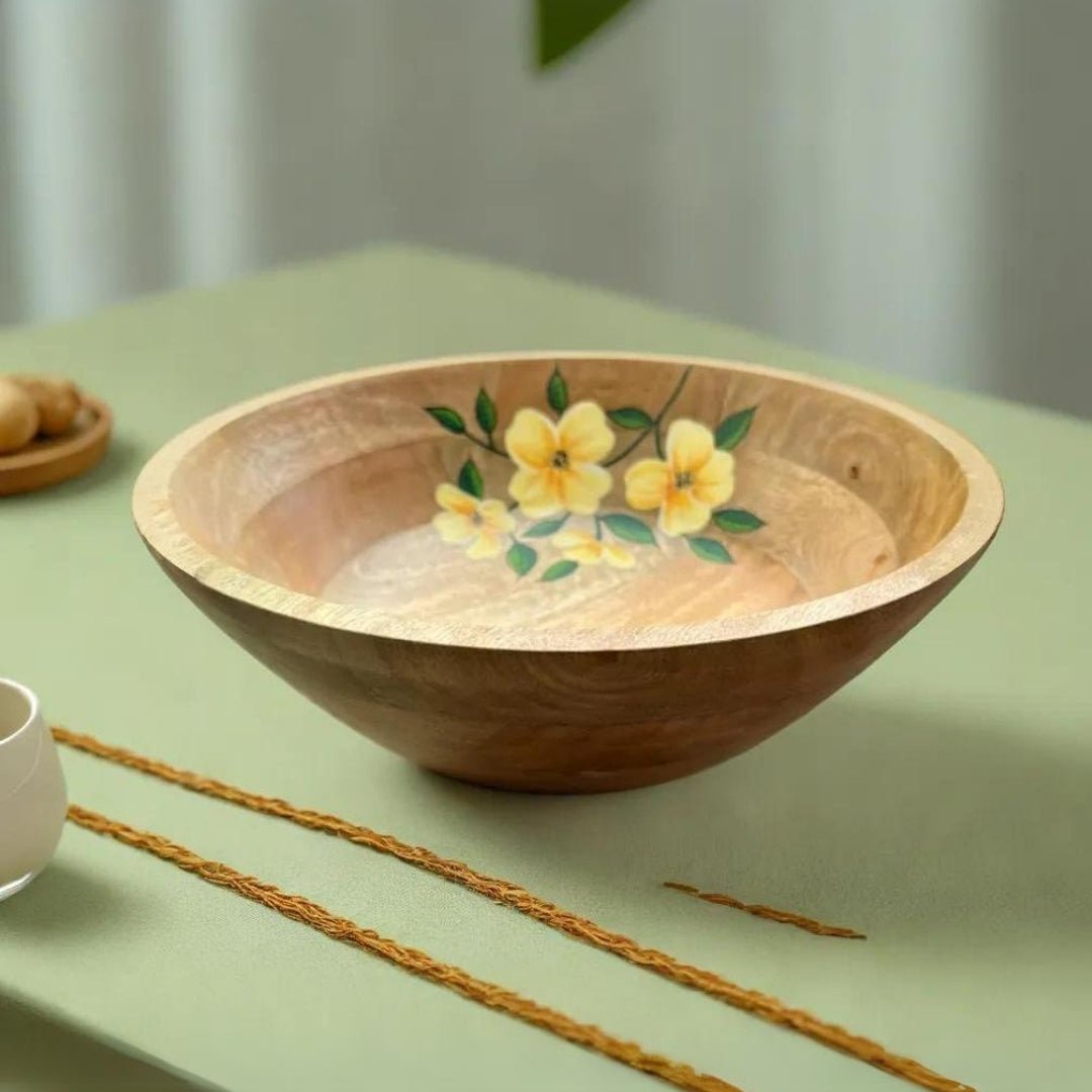 Hand Painted Wooden Bowl Handcrafted from Mango Wood - Eco Friendly Tableware - Height- 3.5 inches, Diameter- 11 inches / Mango Wood / Natural