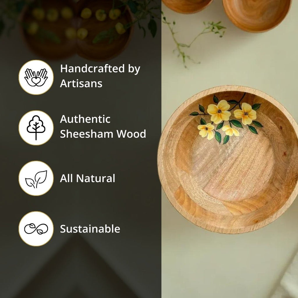 Hand Painted Wooden Bowl Handcrafted from Mango Wood - Eco Friendly Tableware - Height- 3.5 inches, Diameter- 11 inches / Mango Wood / Natural