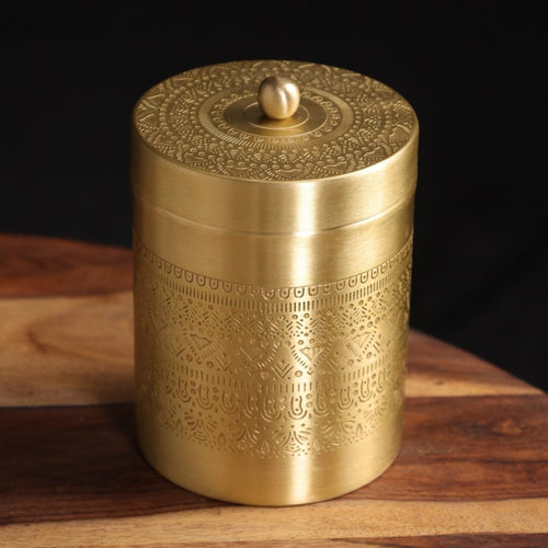 Brass Jar with Lid for Tea or Sugar and Spice in Kitchen Use | Pure Brass | Handmade in India - Brass / Large / Natural