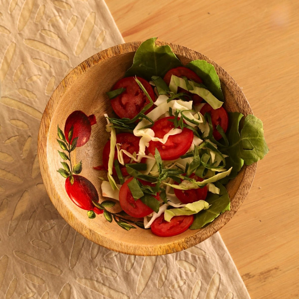 Salad Bowl which is Hand painted on Mango Wood in an Anar Design | Height 3 inches and Diameter 8 inches|