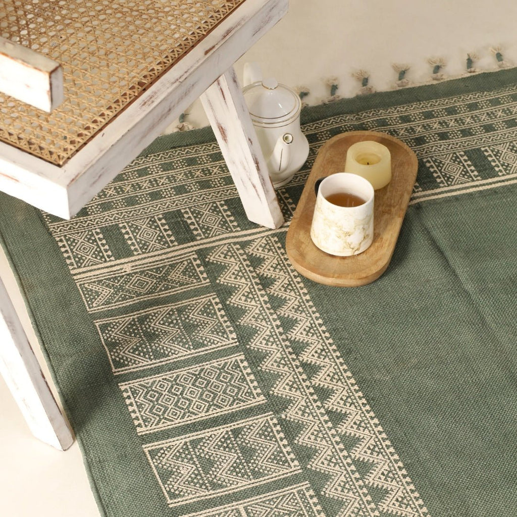 Cotton Rug for living room Hand Printed in Jaipuri olive green design | Cotton | Floor rug