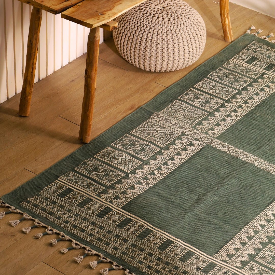 Cotton Rug for living room Hand Printed in Jaipuri olive green design | Cotton | Floor rug