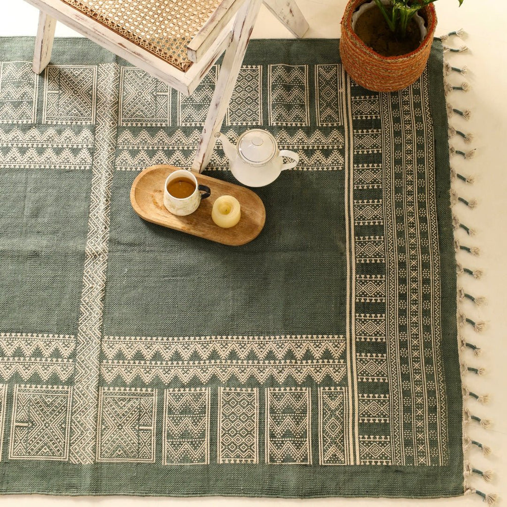 Cotton Rug for living room Hand Printed in Jaipuri olive green design | Cotton | Floor rug