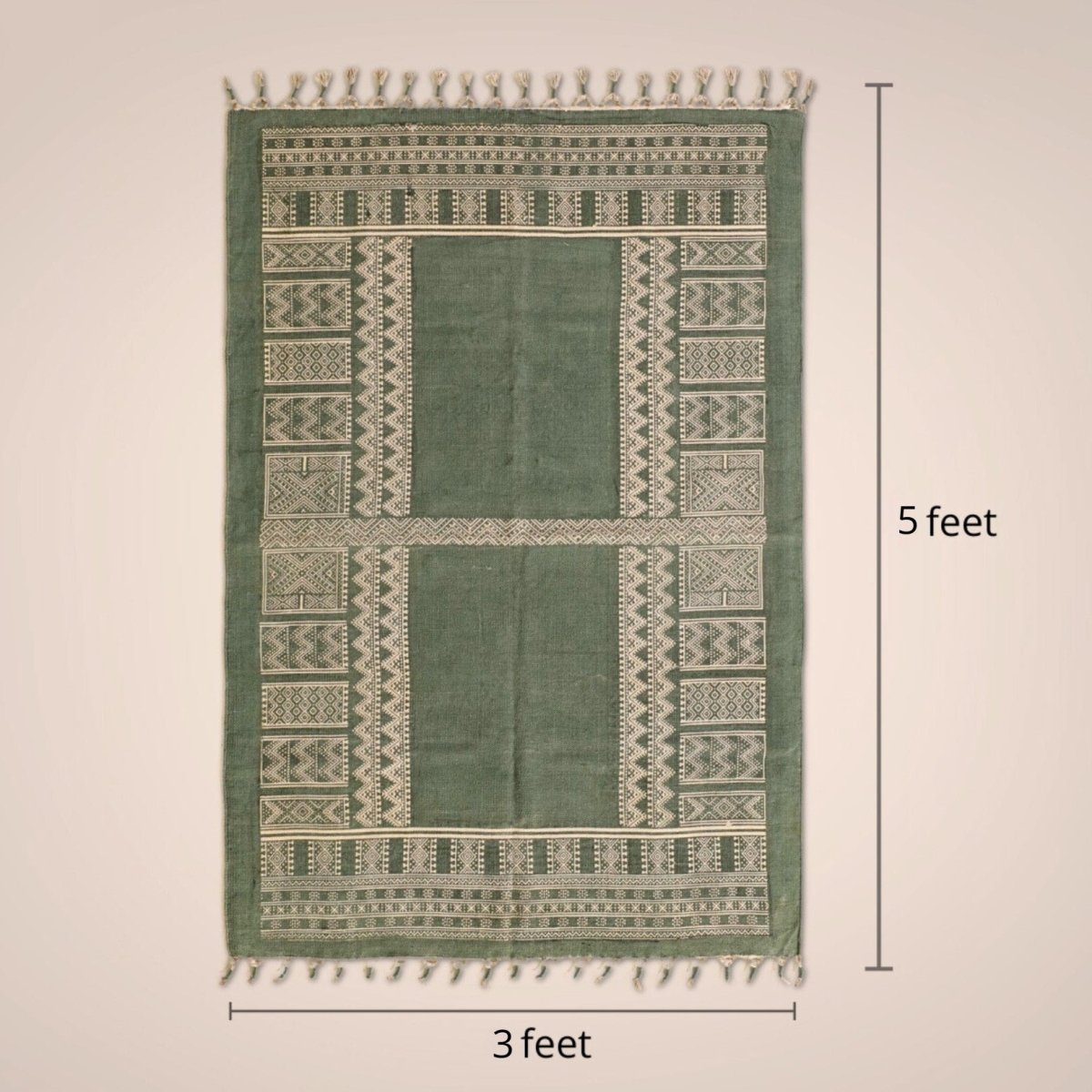 Cotton Rug for living room Hand Printed in Jaipuri olive green design | Cotton | Floor rug