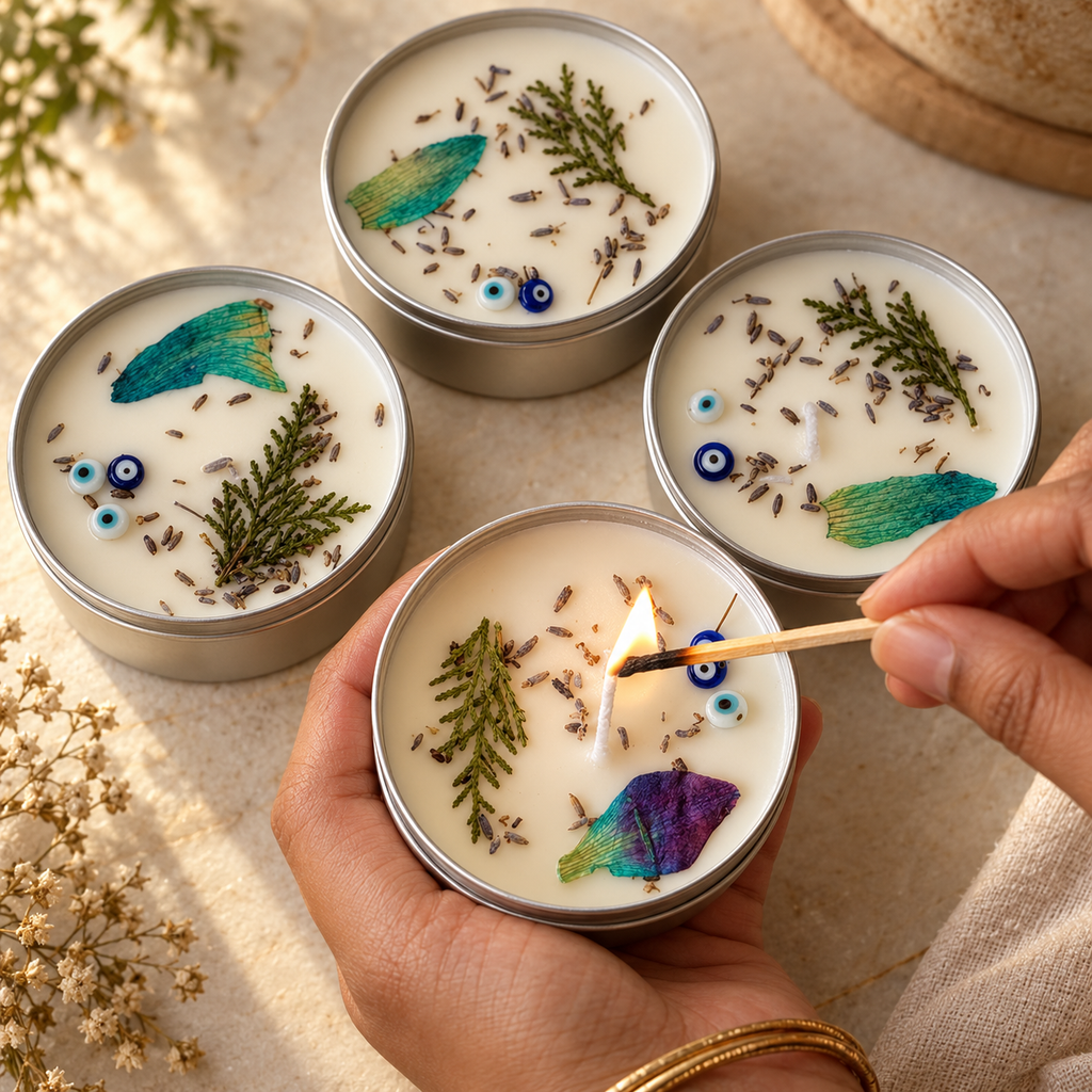 Evil-Eye Lavender Soy Wax Tin Candles, Set of 4, being lit by hand