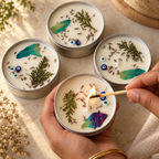 Evil-Eye Lavender Soy Wax Tin Candles, Set of 4, being lit by hand