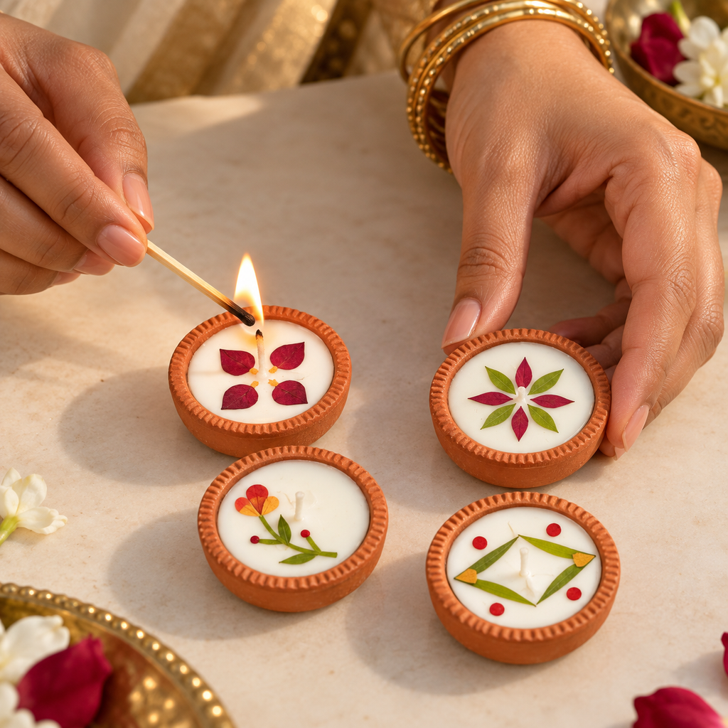 Pressed-Flower Soy Wax Mini Diyas, 1 in, Boxed Sets, being lit by hand