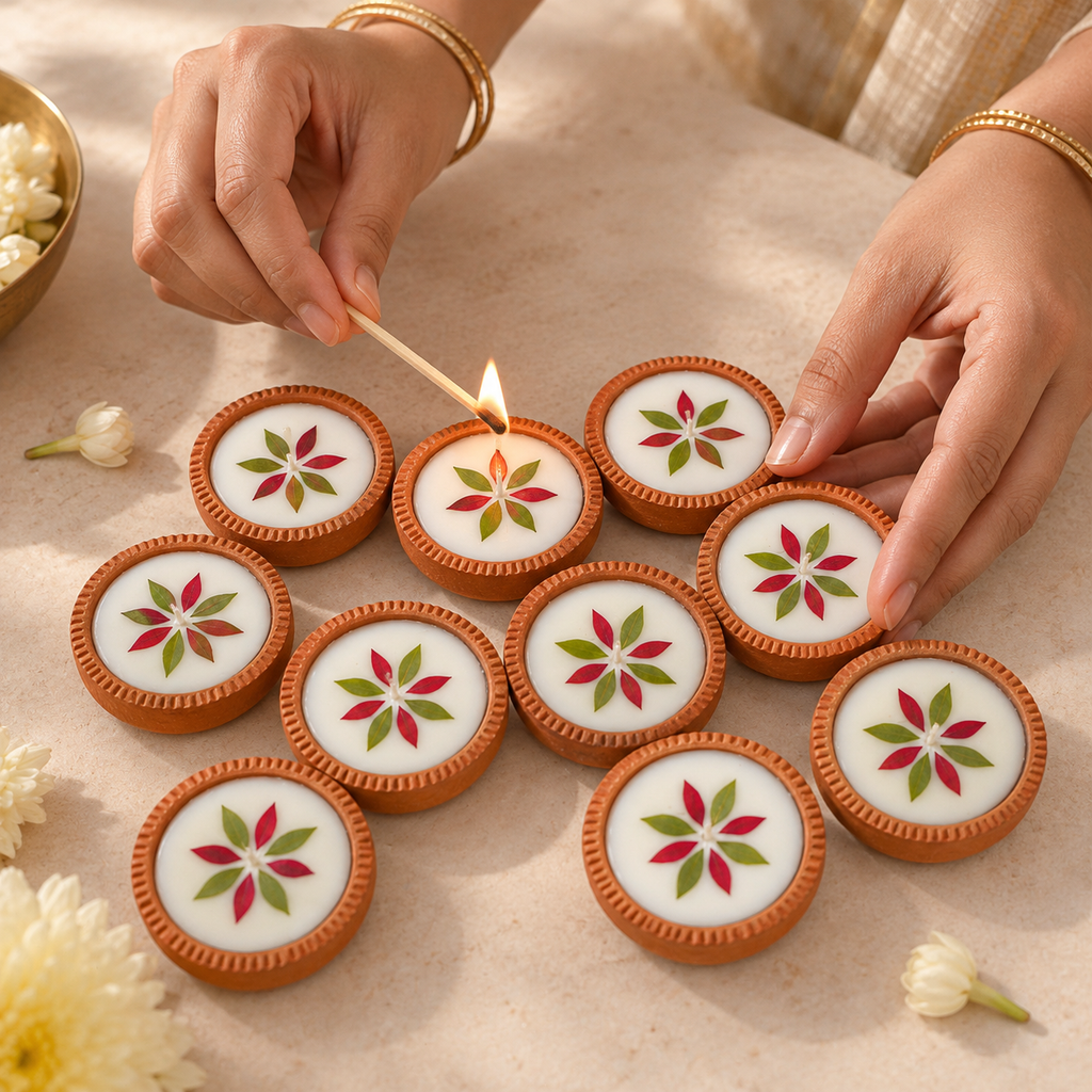 Mini Pressed-Flower Terracotta Diyas, 10 in 5 Gift Boxes, being lit by hand