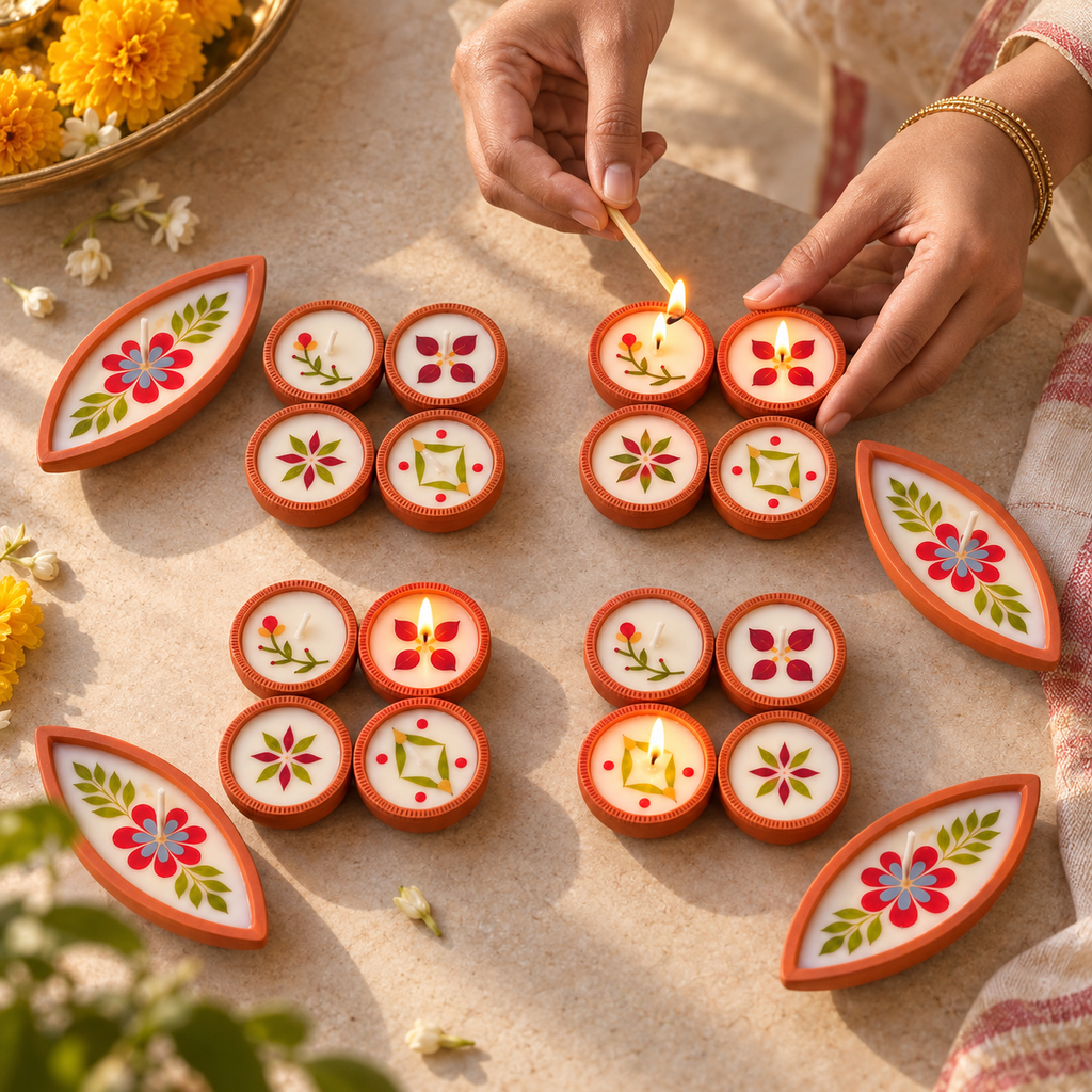 Soy Wax Dried-Flower Diyas, 4 Boat and 16 Round, being lit by hand