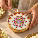 Mandala Soy Wax Candle in a Brass Urli, 5 in, being lit by hand
