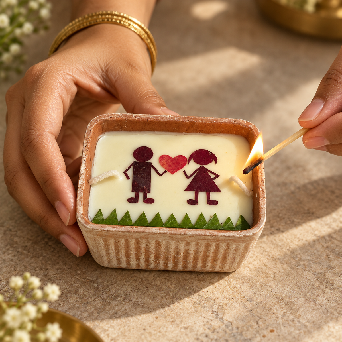 Love Candle, Couple, Dried Rose in Terracotta, being lit by hand