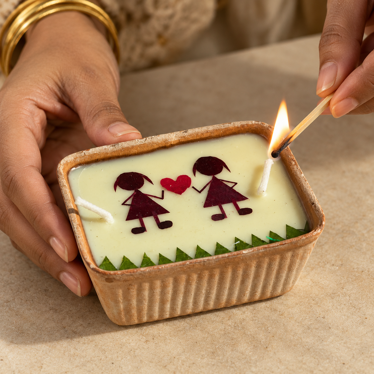 Love Candle, Two Brides, Dried Rose in Terracotta, being lit by hand