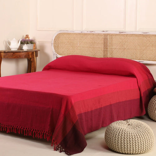 Berry Toned Bed Cover| Handwoven Pure Cotton | Peepul Tree