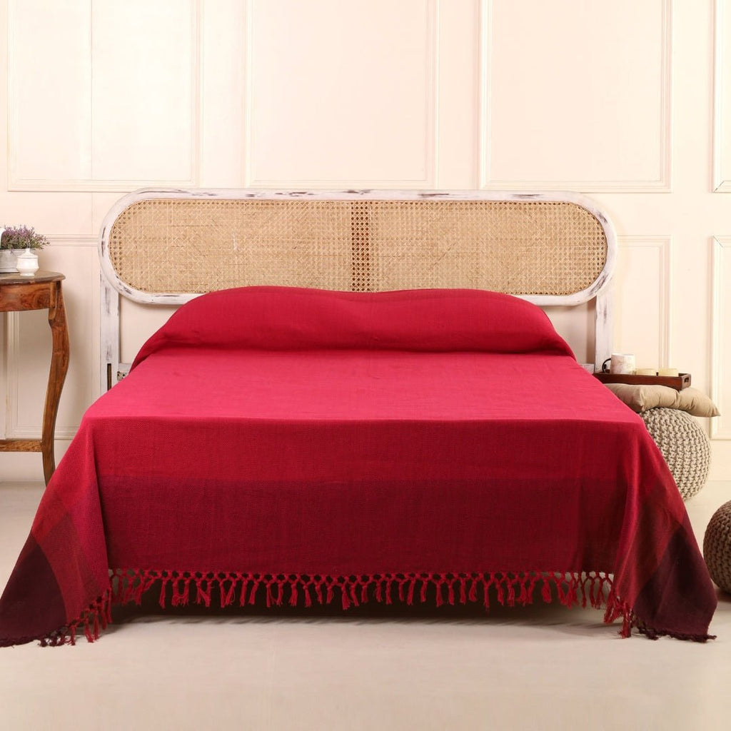 Berry Toned Bed Cover| Handwoven Pure Cotton | Peepul Tree