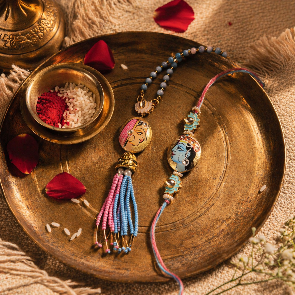 Hand-Painted Radha Krishna — Bhaiya-Bhabhi Rakhi Set