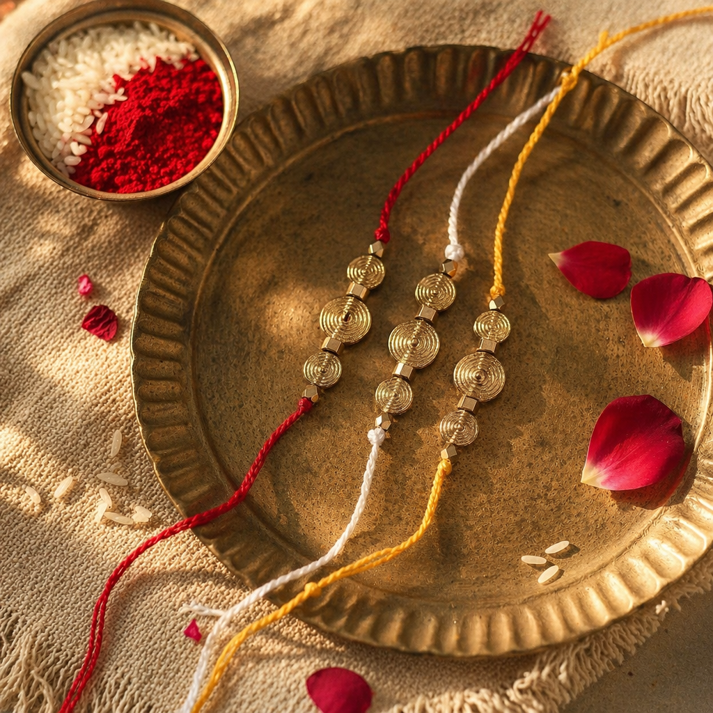 Hand-Strung Spiral Coin — Brass Bead Rakhi Set