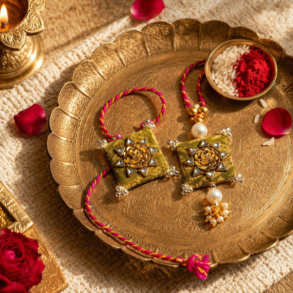 Mirror & Kundan — Hand-Embroidered Bhaiya-Bhabhi Rakhi Set