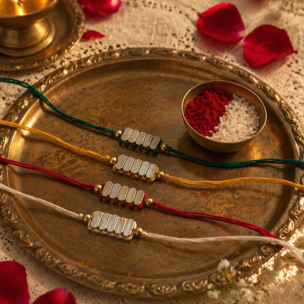 Hand-Strung Cast Brass — Rectangle Bead Rakhi