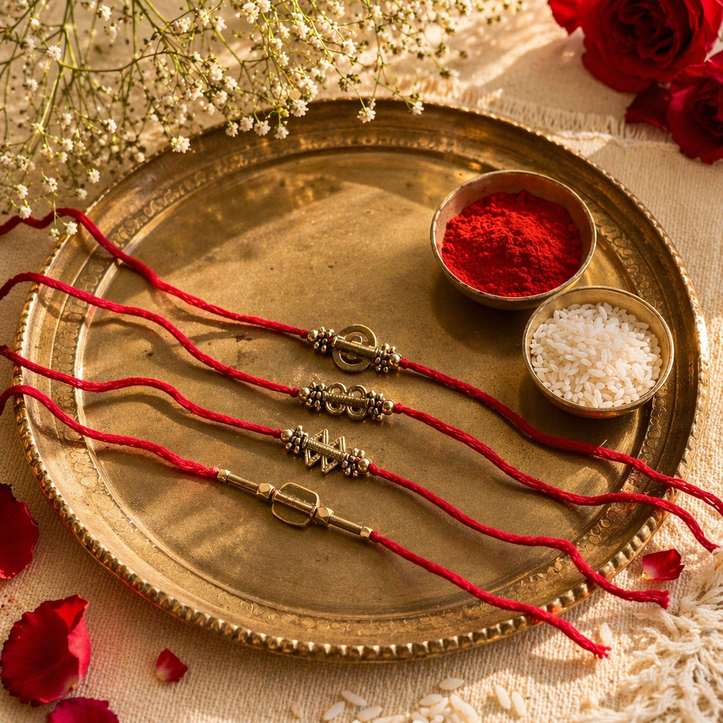 Hand-Strung Cast Brass — Beaded Rakhi on Red Cord