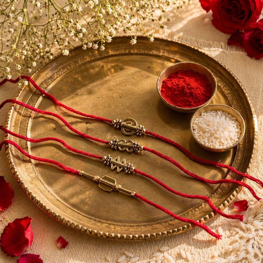 Hand-Strung Cast Brass — Beaded Rakhi on Red Cord
