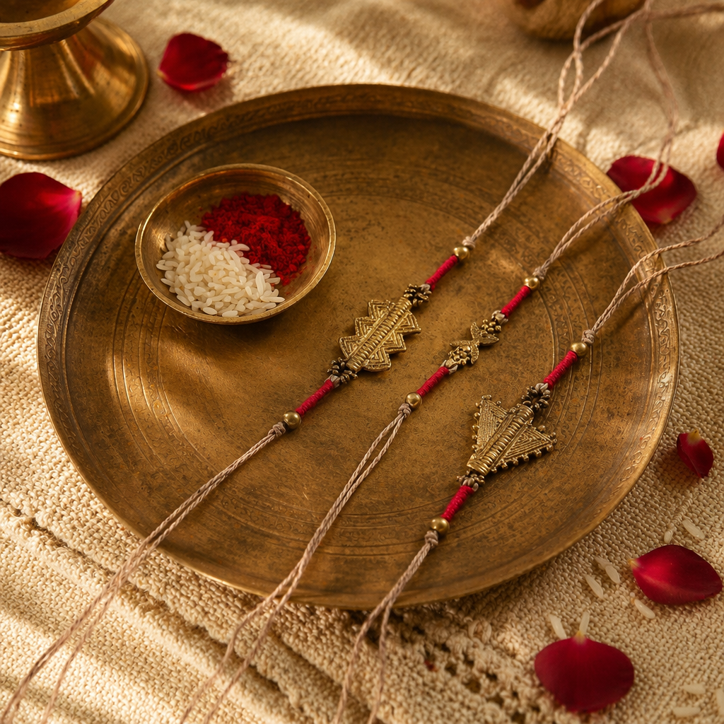 Brass Trio — Handcrafted Patwa Rakhi Set