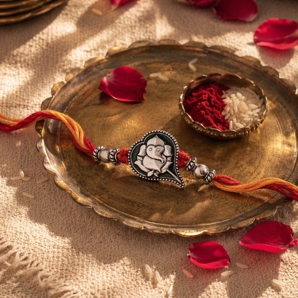 Hand-Finished Paan-Leaf Ganesha — Enamel Brass Rakhi