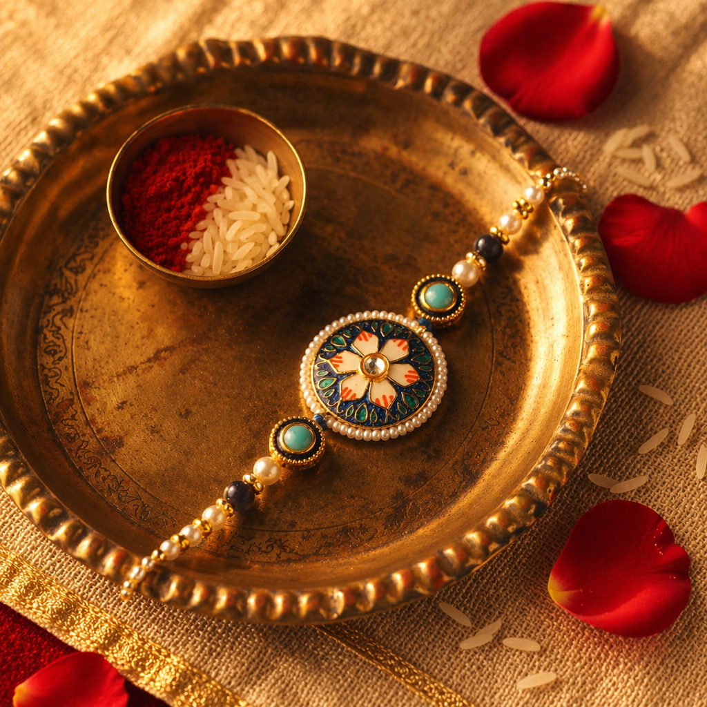 Hand-Painted Meenakari — Lotus Rakhi Set