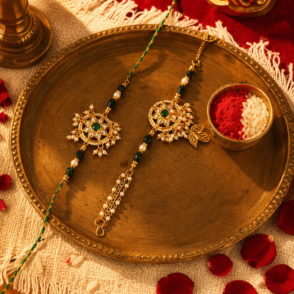 Green Kundan — Handcrafted Bhaiya-Bhabhi Rakhi Duo