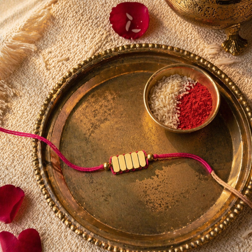 Hand-Strung English Tint — Rectangle Brass Bead Rakhi