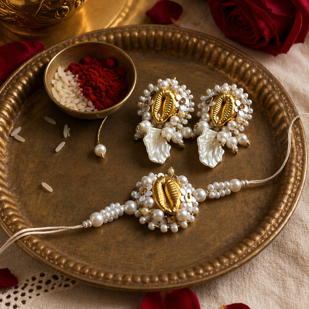 Hand-Embroidered Shell — Convertible Lumba Earring Rakhi