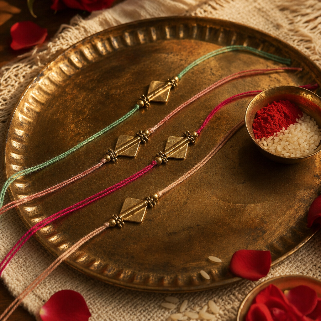 Hand-Strung Faceted Brass — Diamond Bead Rakhi