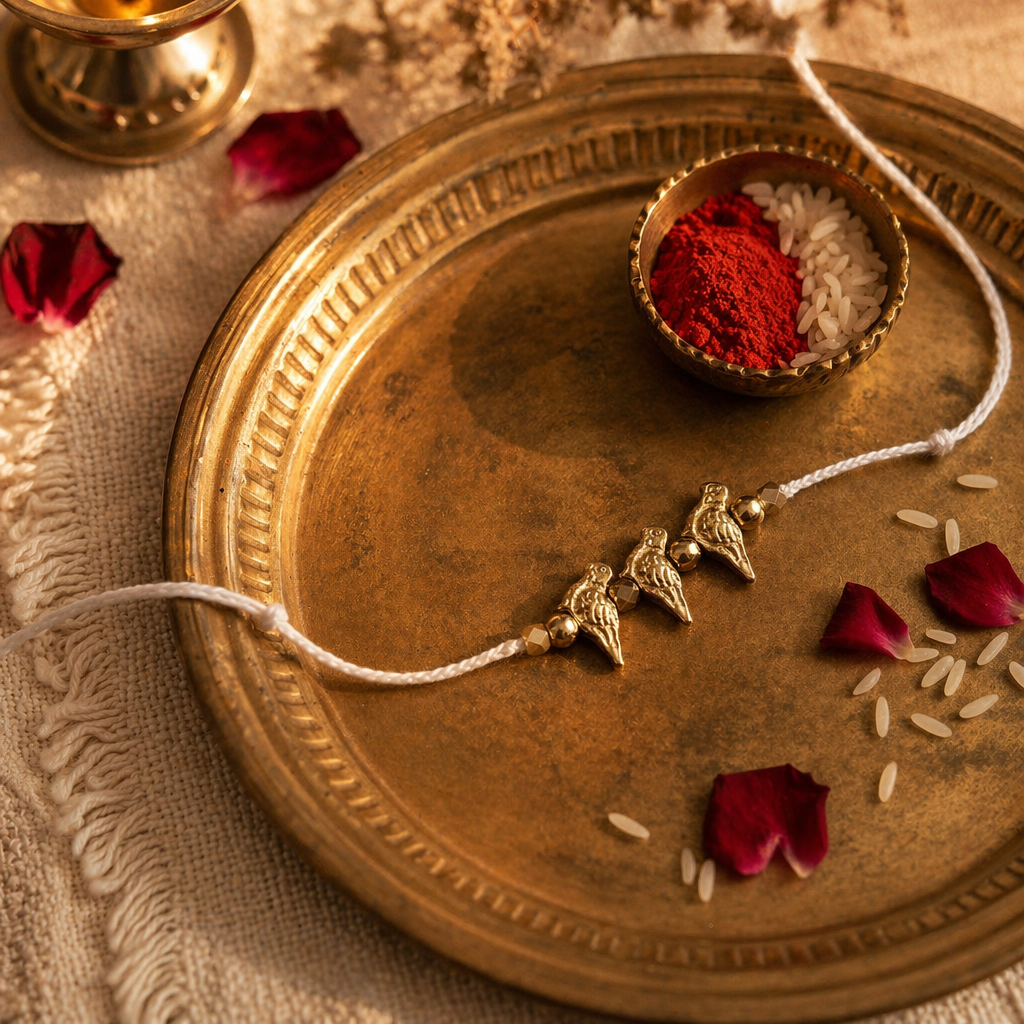 Ivory Birdie — Handcrafted Brass Rakhi