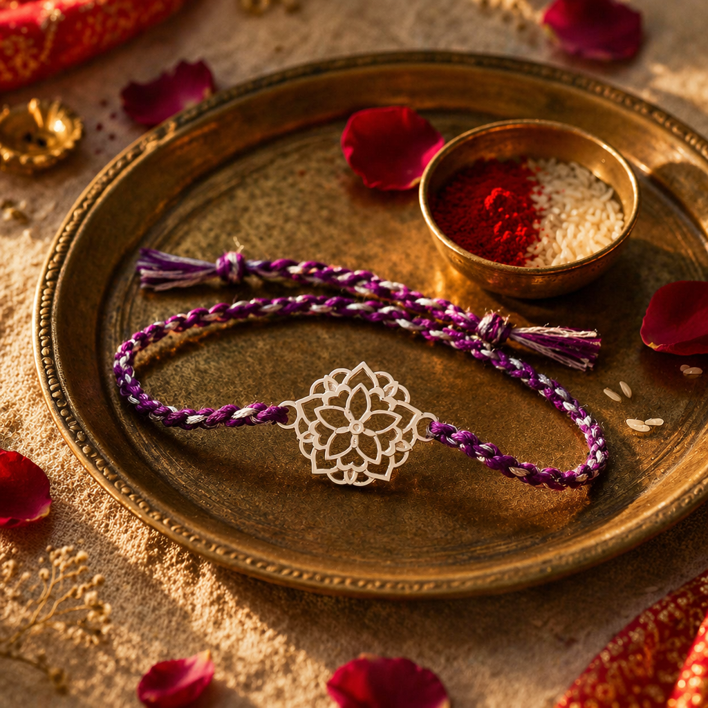 Handcrafted Lotus — Sterling Silver Rakhi