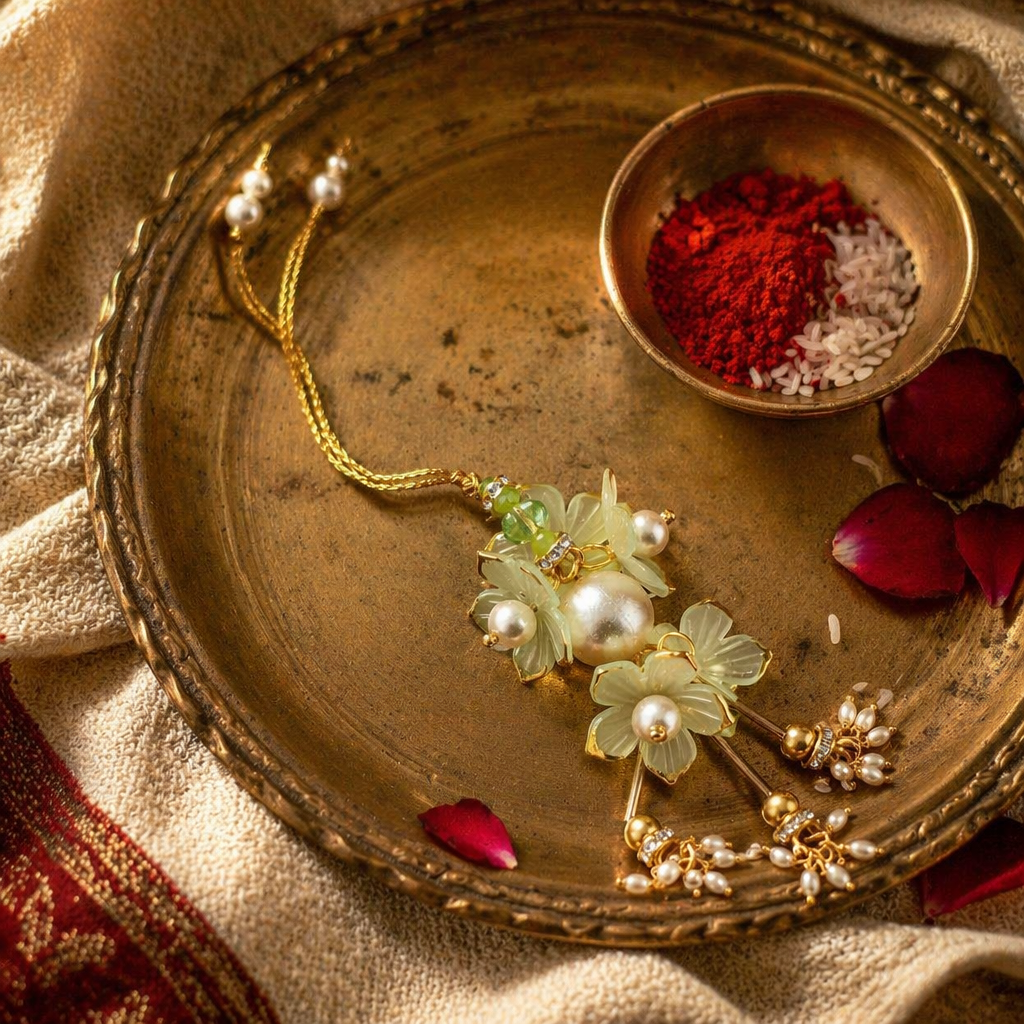 Hand-Beaded Pearl & Stone — Lumba Rakhi for Bhabhi