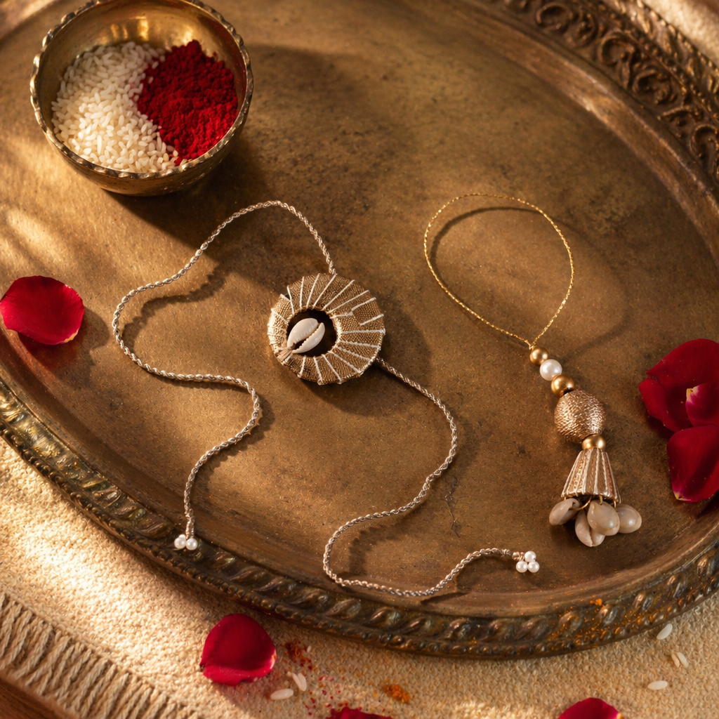 Hand-Strung — Gold Gota Cowrie Rakhi & Lumba