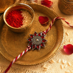 Hand-Set Kundan — Pearl & Red Stone Lumba Rakhi