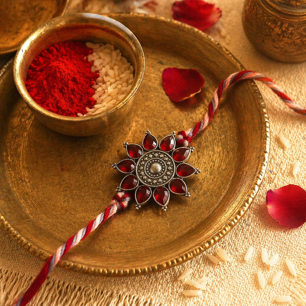 Hand-Set Kundan — Pearl & Red Stone Lumba Rakhi