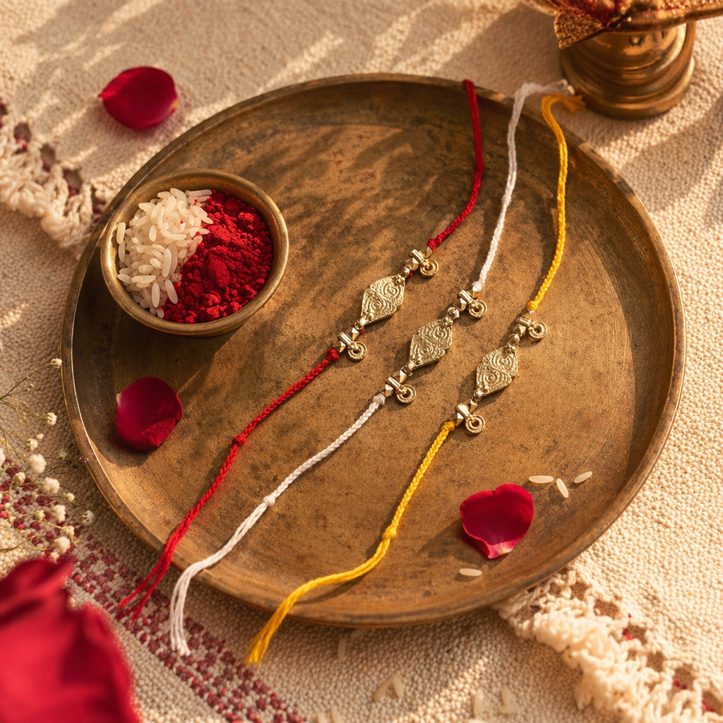 Hand-Finished Cast Brass — Diamond Charm Rakhi