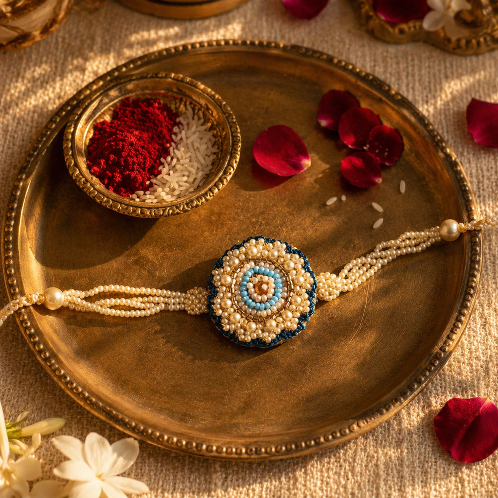 Floral Pearl — Hand-Embroidered Rakhi