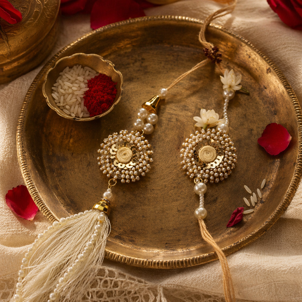 Hand-Strung Golden Cowry — Bhaiya-Bhabhi Rakhi Duo