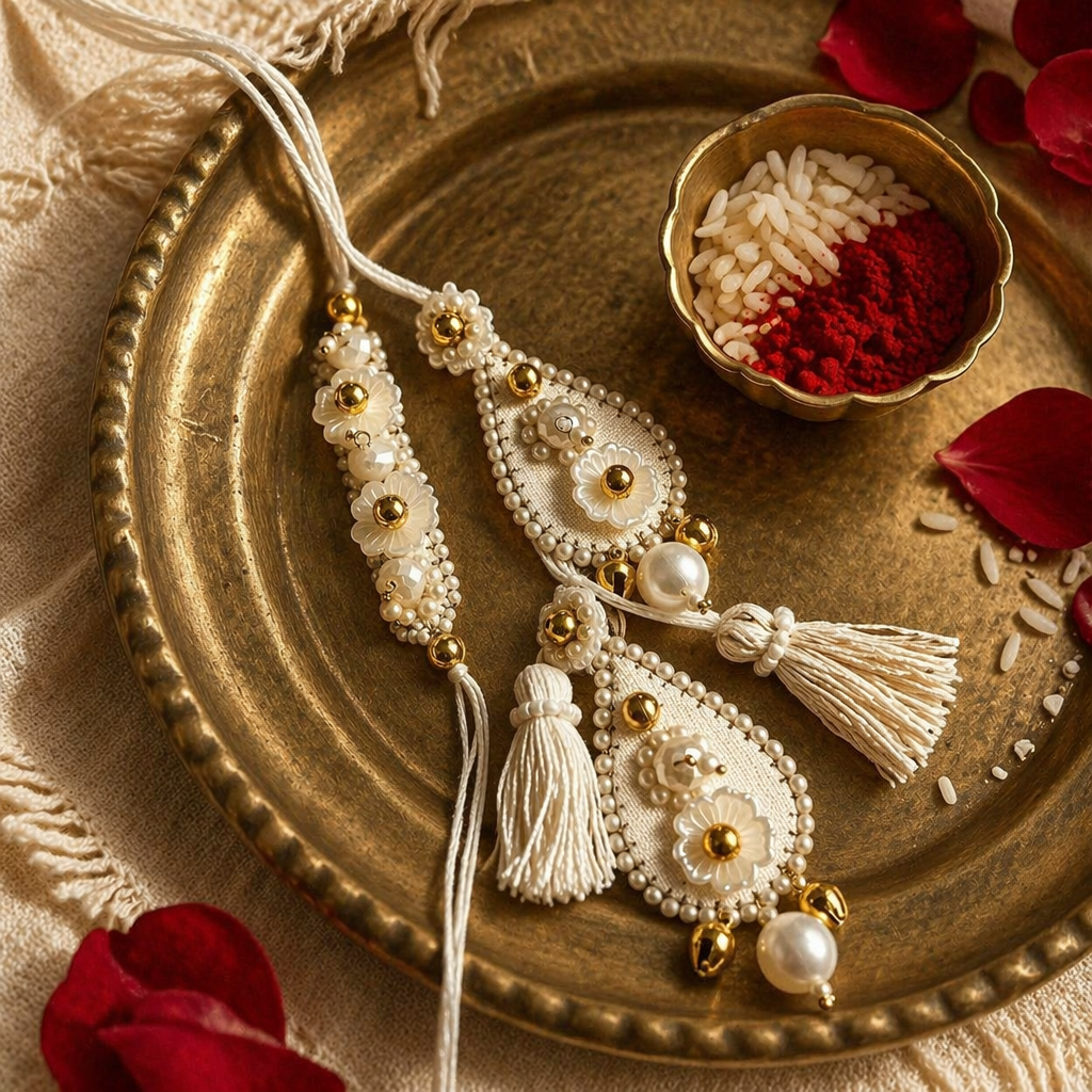 Ivory Bloom — Hand-Embroidered Rakhi Duo