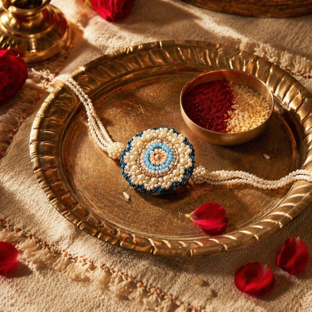 White-Blue Floral — Handmade Beaded Rakhi